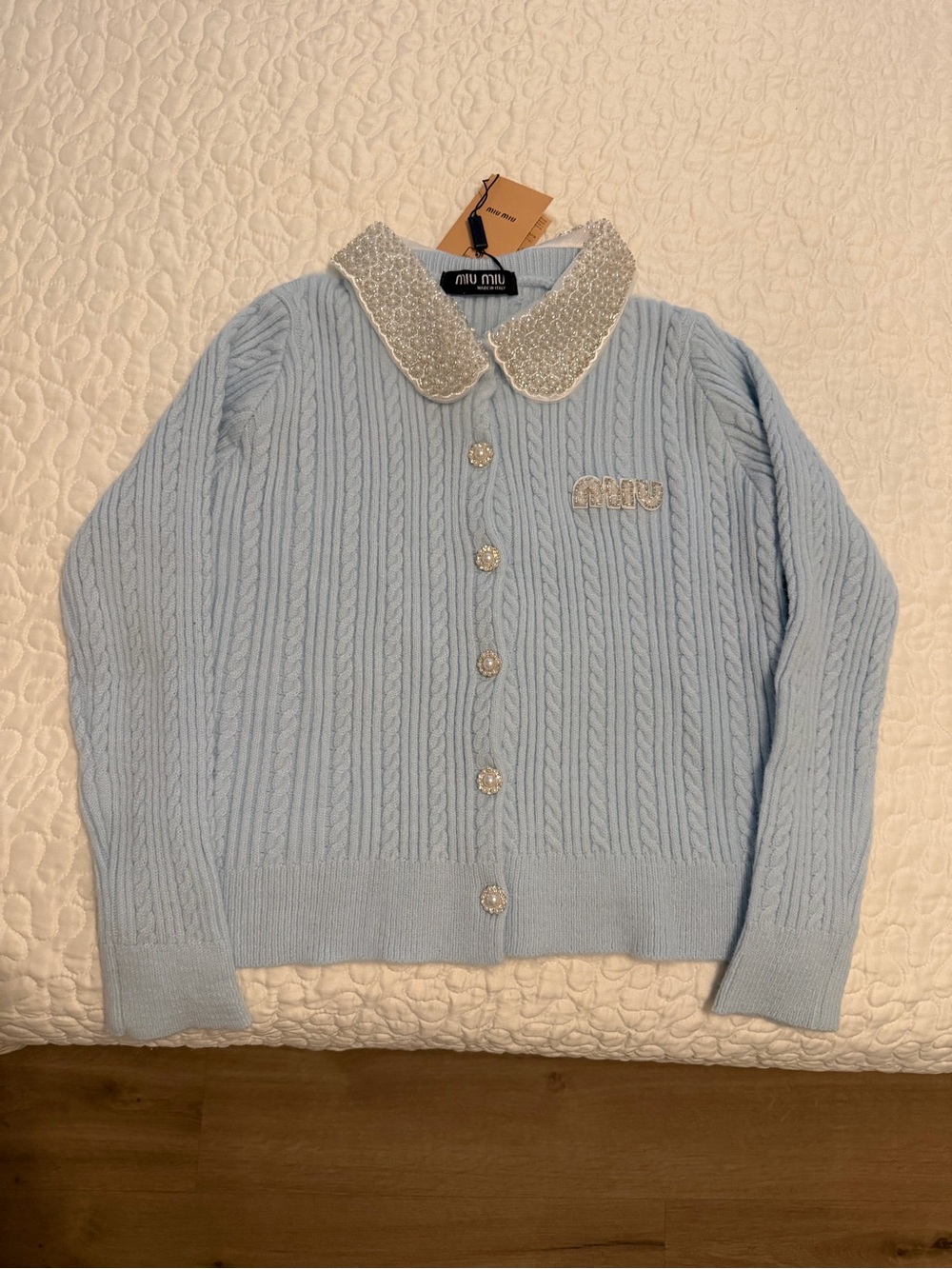 Miu Miu Powder Blue Beaded-Collar Cable Knit Cardigan - Picture 2 of 2